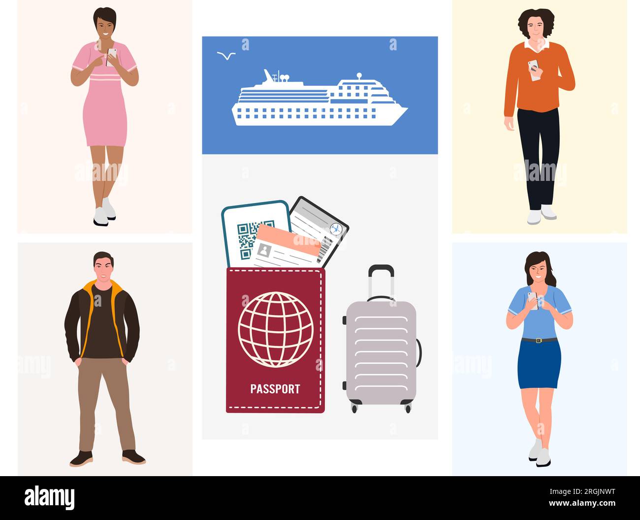 Touristes croisière bateau vacances été croisière Mer Voyage concept. Homme Femme aventure Tourisme bagages Passeport transport concept. Nous Illustration de Vecteur