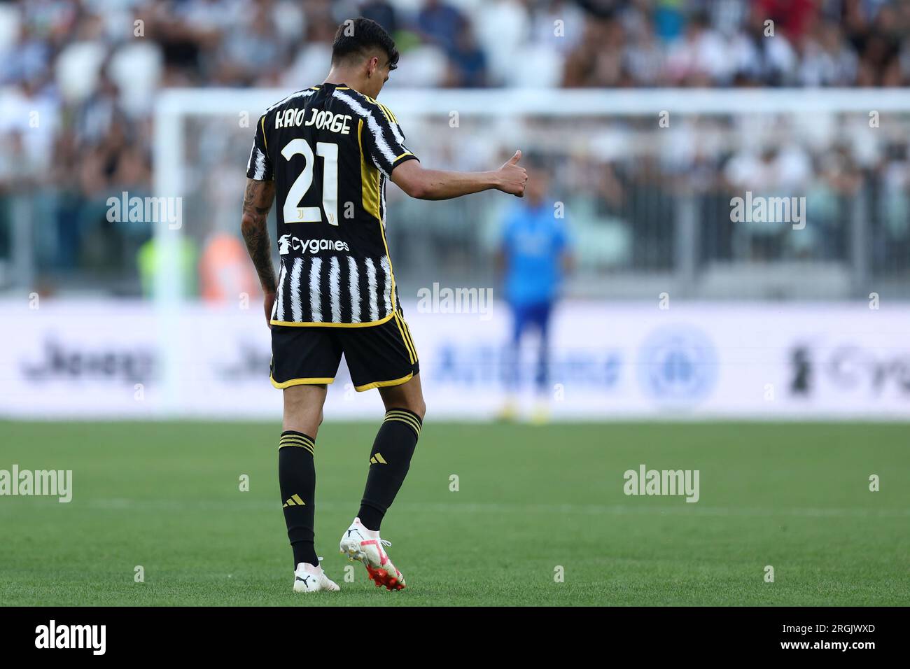 Torino, Italie. 09 août 2023. Kaio Jorge de la Juventus FC célèbre après avoir marqué le quatrième but de son équipe lors du test match de pré-saison entre la Juventus FC et la Juventus Next Gen à l'Allianz Stadium le 09 août 2023 à Turin, en Italie. Crédit : Marco Canoniero/Alamy Live News Banque D'Images
