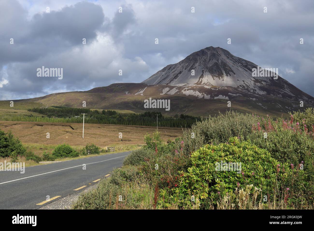 Errigal Mountain vue du bord de la route avec en toile de fond un ciel couvert, comté de Donegal, Irlande Banque D'Images
