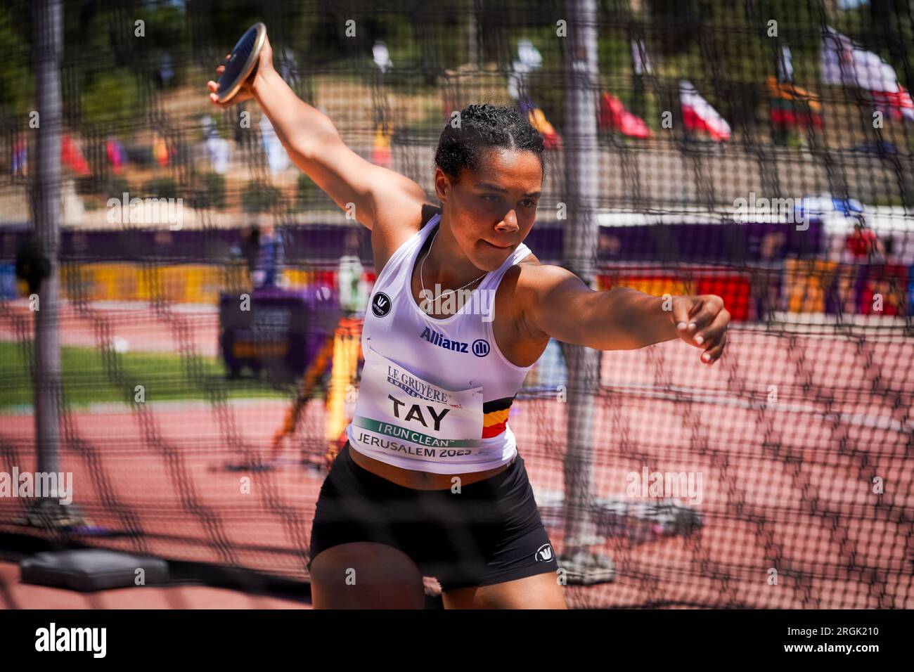 Jérusalem, Israël. 10 août 2023. Le Belge Sena Tay photographié en action lors de l'épreuve du lancer du disque, lors des Championnats d'Europe U20 d'athlétisme, jeudi 10 août 2023, à Jérusalem, Israël. Les championnats d'Europe se déroulent du 07 au 10 août. BELGA PHOTO COEN SCHILDERMAN crédit : Belga News Agency/Alamy Live News Banque D'Images