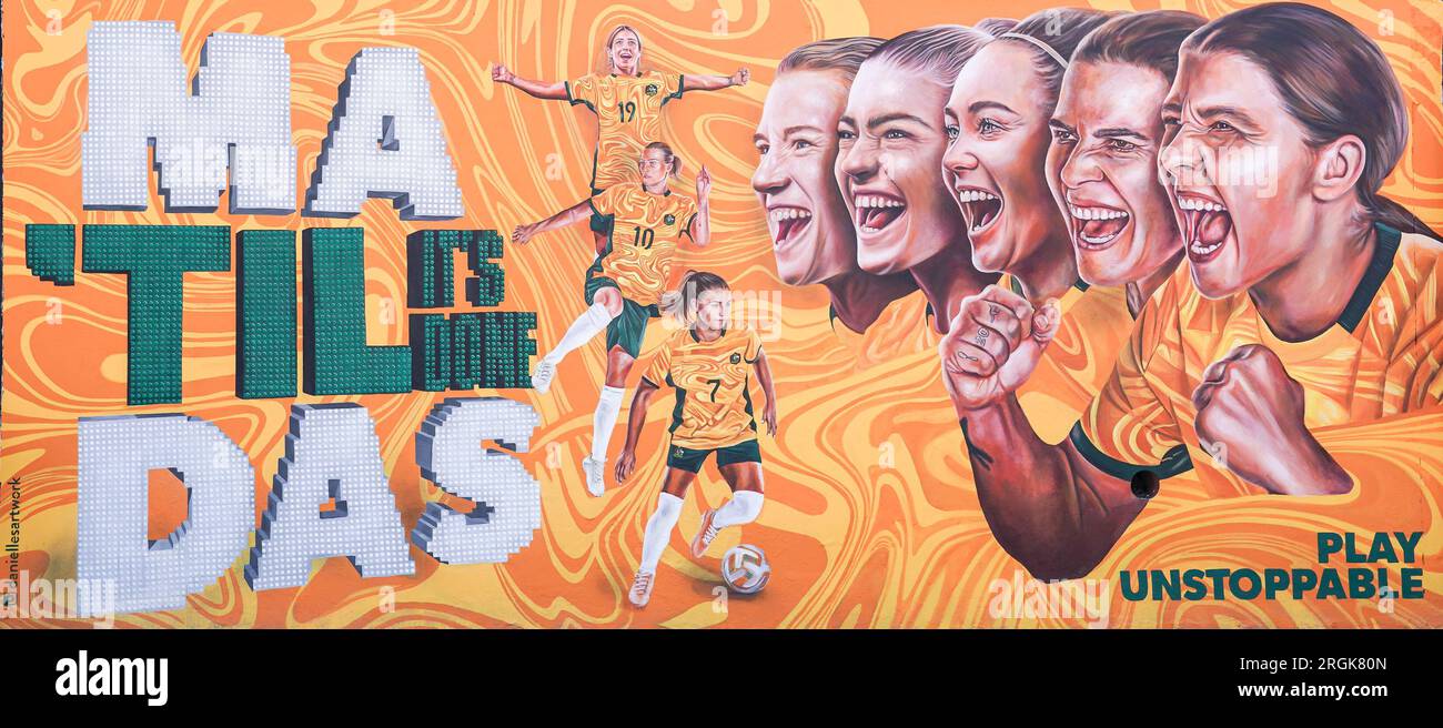 Sydney, Australie. 10 août 2023. Sydney, Australie, le 10 août 2023 : travail d'art graffiti avec le slogan Til It's Done en l'honneur des Matildas, l'équipe nationale féminine d'Australie, créée par Danielle Weber (Daniellesartwork) lors de la coupe du monde Femme FIFA 2023 à Bondi Beach à Sydney, Australie. (Daniela Porcelli/SPP) crédit : SPP Sport Press photo. /Alamy Live News Banque D'Images