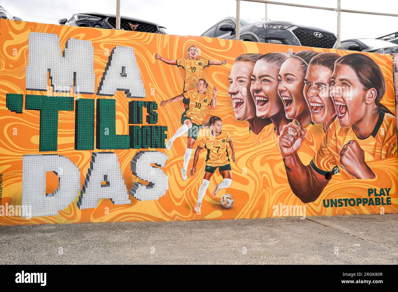 Sydney, Australie. 10 août 2023. Sydney, Australie, le 10 août 2023 : travail d'art graffiti avec le slogan Til It's Done en l'honneur des Matildas, l'équipe nationale féminine d'Australie, créée par Danielle Weber (Daniellesartwork) lors de la coupe du monde Femme FIFA 2023 à Bondi Beach à Sydney, Australie. (Daniela Porcelli/SPP) crédit : SPP Sport Press photo. /Alamy Live News Banque D'Images