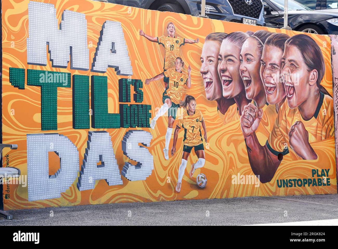 Sydney, Australie. 10 août 2023. Sydney, Australie, le 10 août 2023 : travail d'art graffiti avec le slogan Til It's Done en l'honneur des Matildas, l'équipe nationale féminine d'Australie, créée par Danielle Weber (Daniellesartwork) lors de la coupe du monde Femme FIFA 2023 à Bondi Beach à Sydney, Australie. (Daniela Porcelli/SPP) crédit : SPP Sport Press photo. /Alamy Live News Banque D'Images