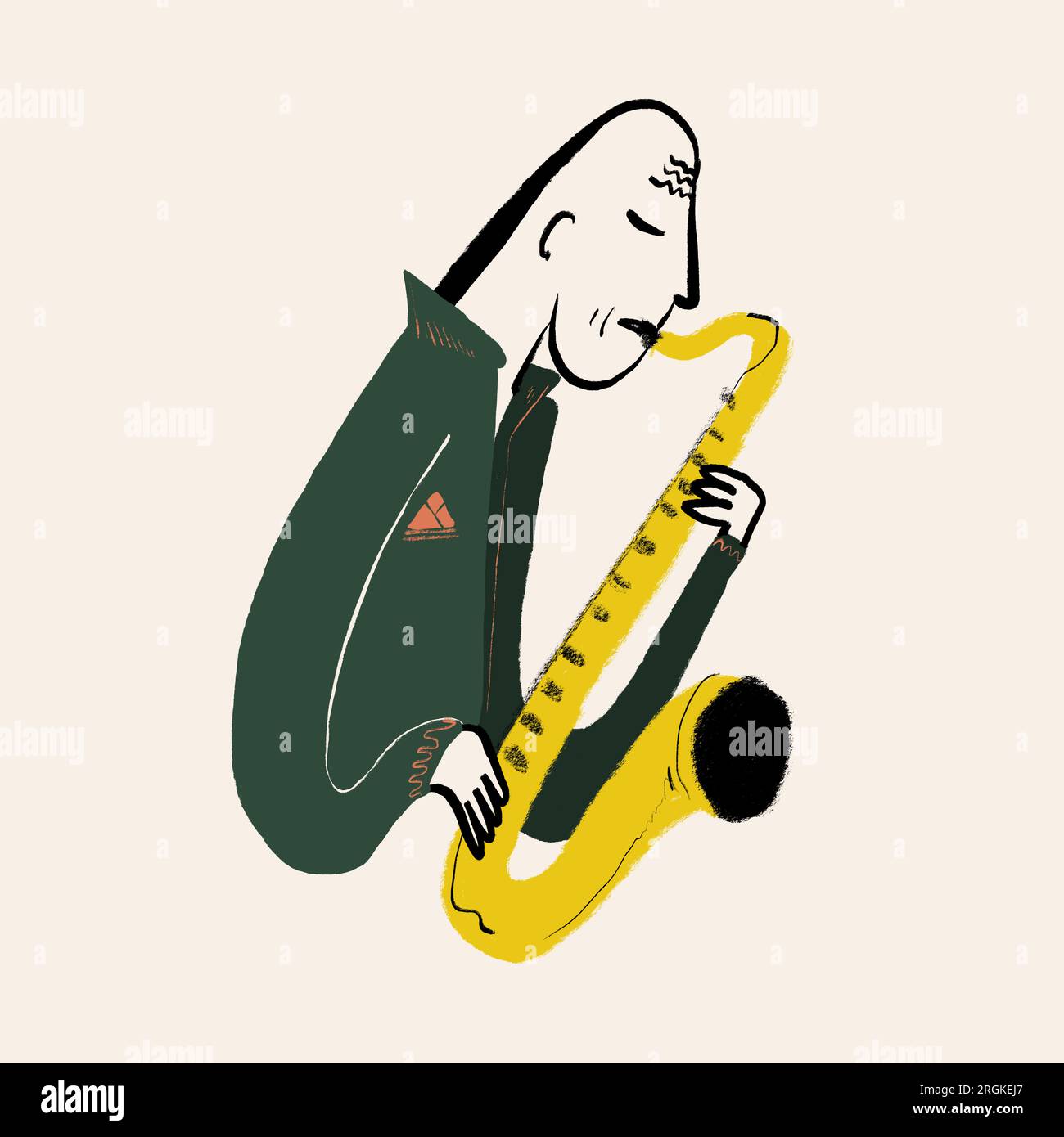 Illustration vectorielle de vue latérale de musicien masculin de bande dessinée dans des vêtements occasionnels jouant du saxophone sur fond beige Banque D'Images