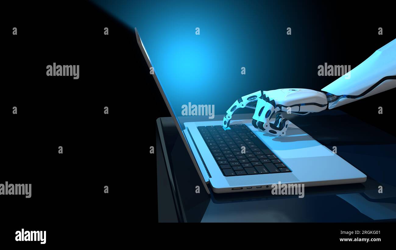 Main blanche de robot en forme d'homme appuyant sur une touche d'un ordinateur portable en aluminium avec lumière bleue sur le bureau bleu réfléchissant sur fond noir. Illustration 3D. Banque D'Images