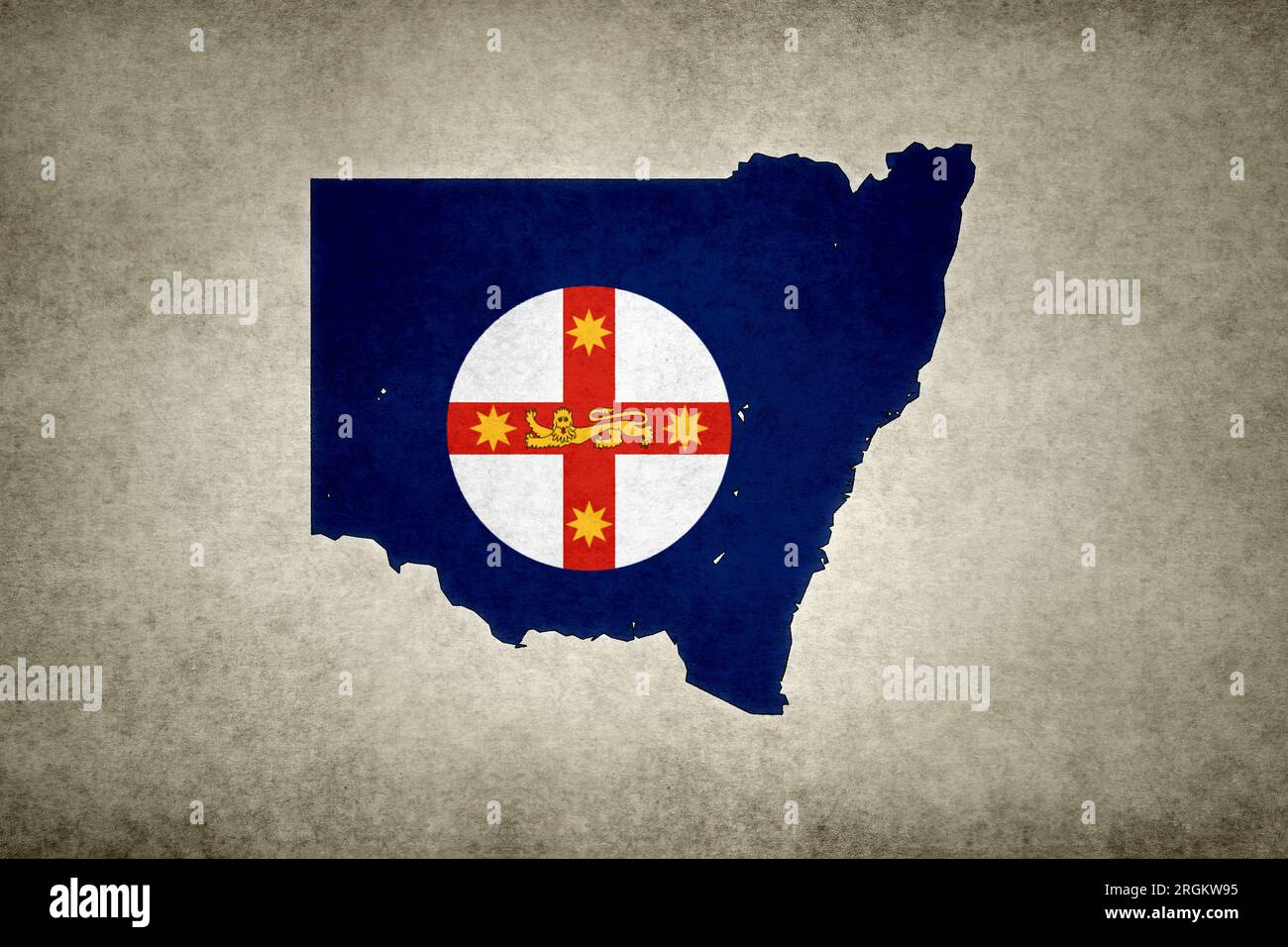 Carte grunge de la Nouvelle-Galles du Sud (Australie) avec son drapeau imprimé à l'intérieur de sa frontière sur un vieux papier. Banque D'Images