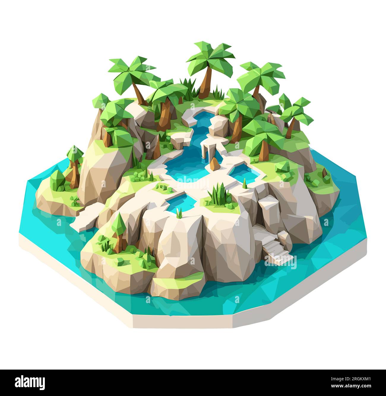 3D isométrique bas poly d'une île tropicale avec la rivière, Illustration de Vecteur