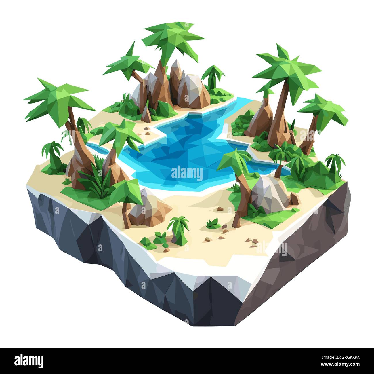 3D isométrique bas poly d'une île tropicale avec la rivière, Illustration de Vecteur