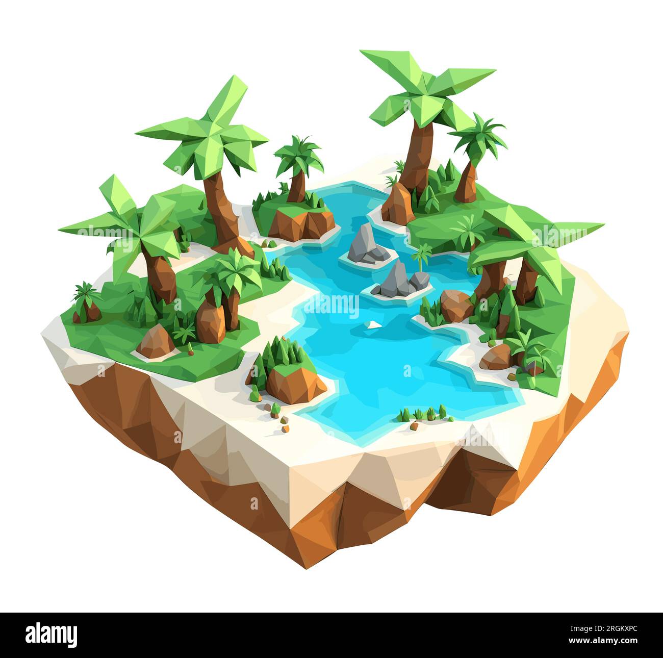 3D isométrique bas poly d'une île tropicale avec la rivière, Illustration de Vecteur
