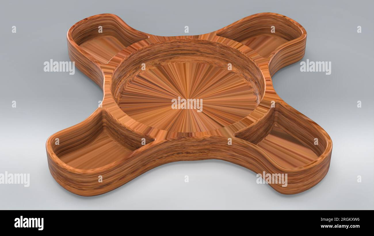 Assiette en bois brun foncé. Isolé sur fond blanc. Cavité circulaire au centre avec quatre poches latérales pour vaisselle. Illustration 3D Consumer Product Design Banque D'Images