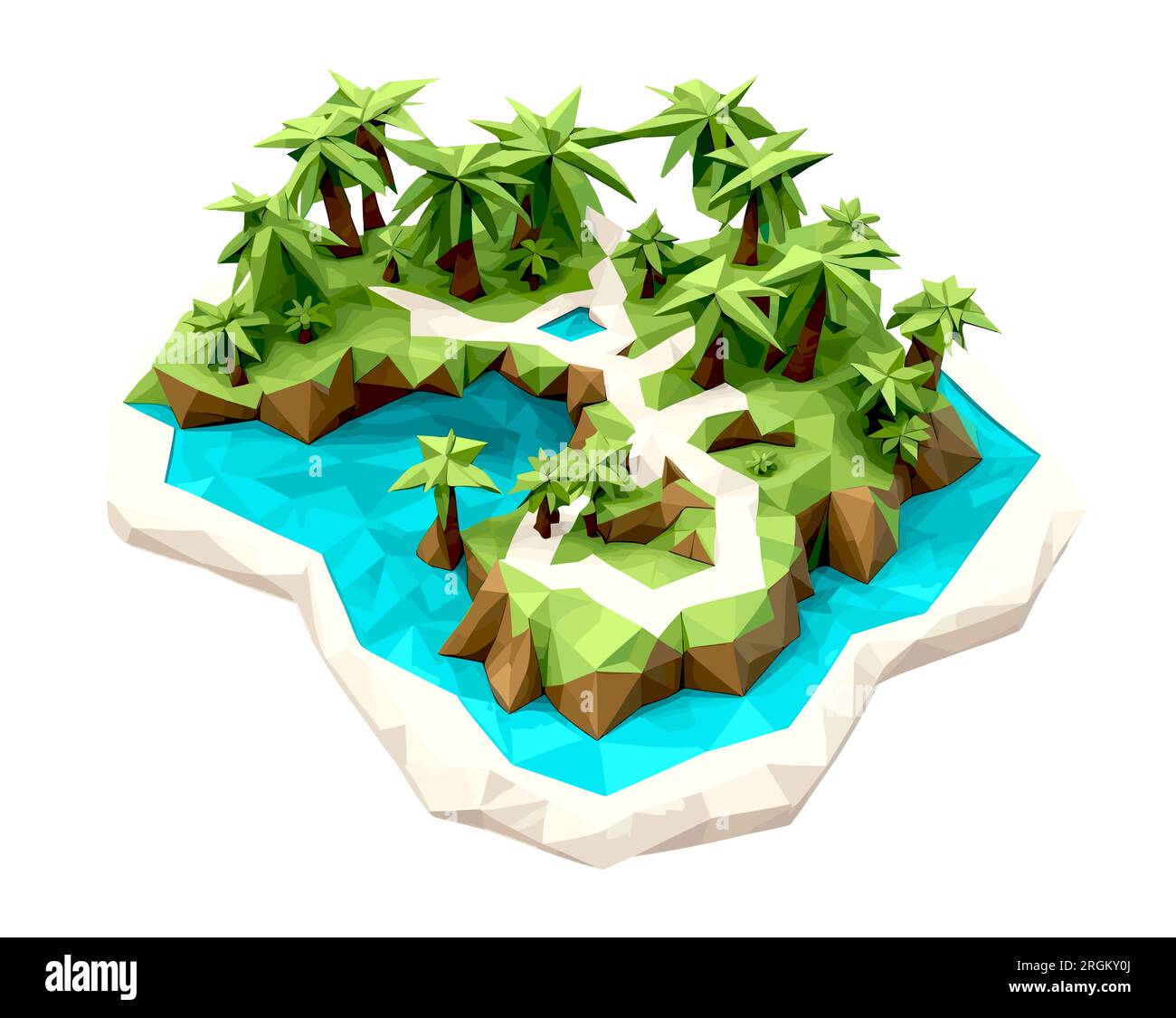 3D isométrique bas poly d'une île tropicale avec la rivière, Illustration de Vecteur