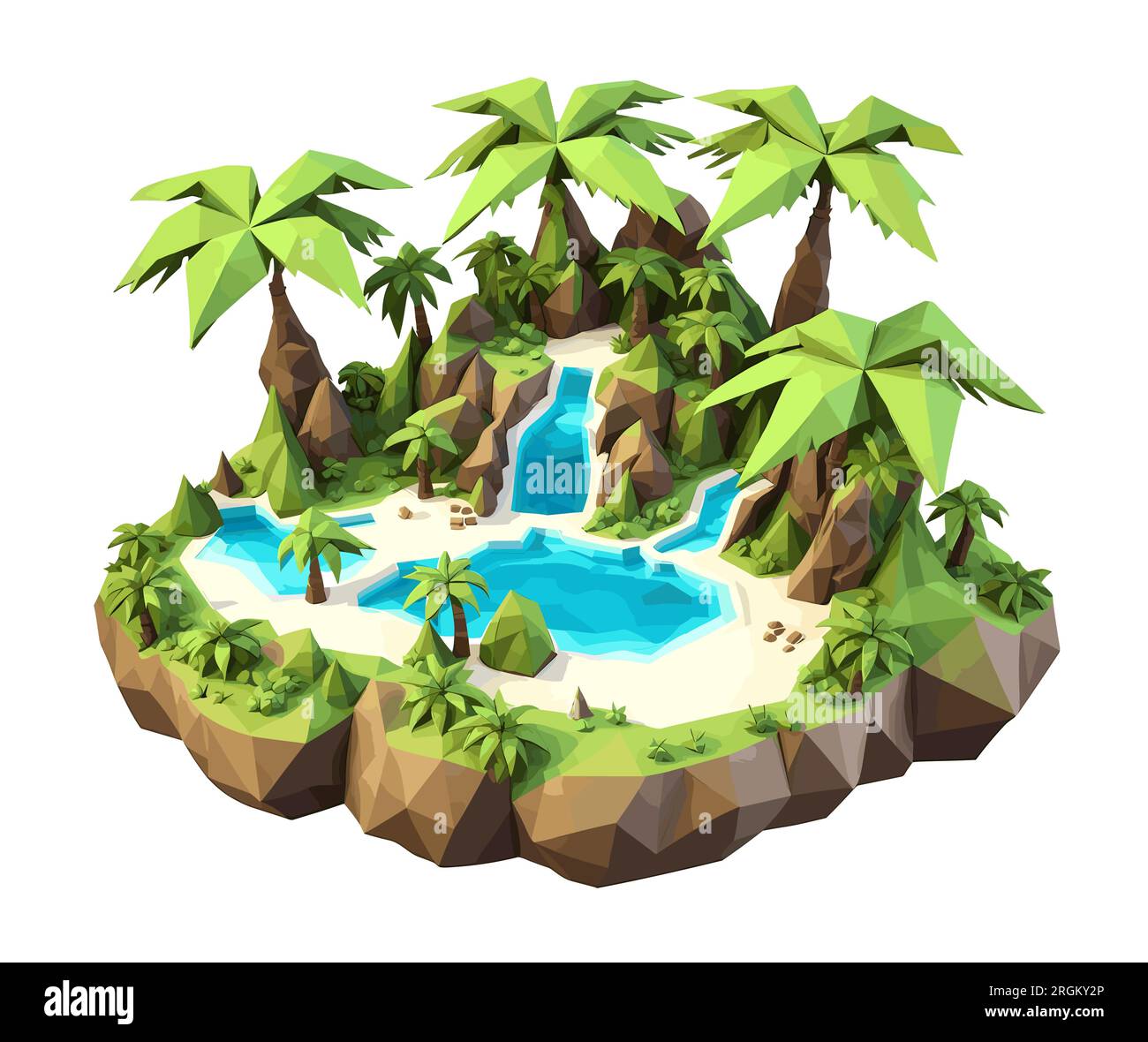 3D isométrique bas poly d'une île tropicale avec la rivière, Illustration de Vecteur