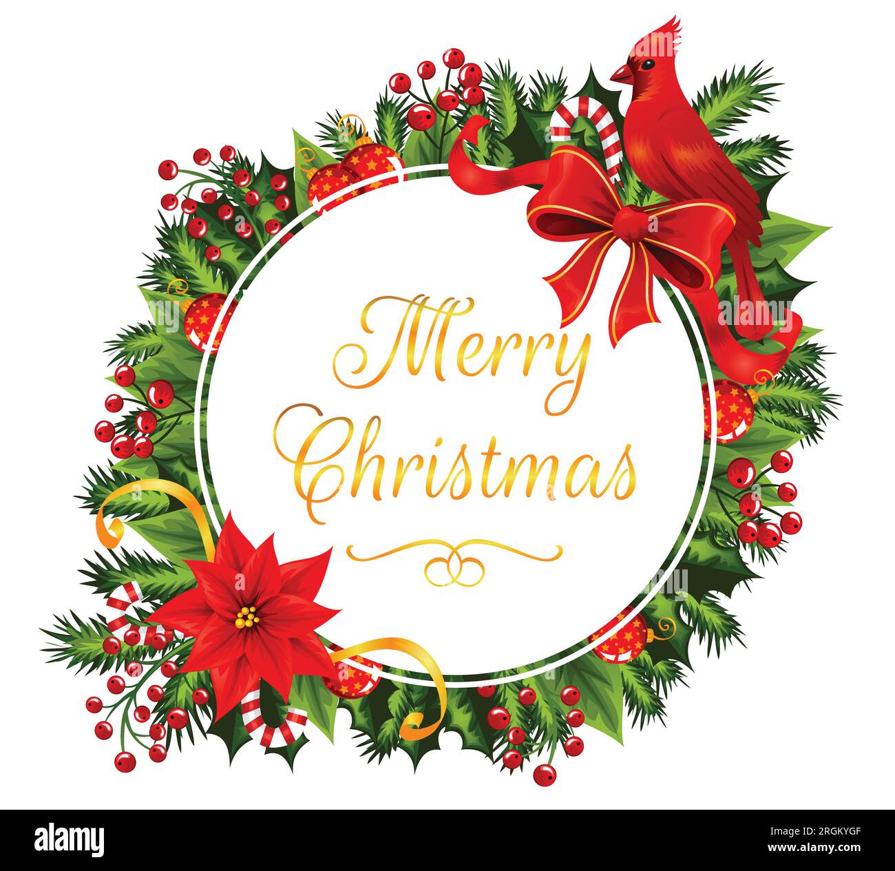 Cercle blanc avec texte Joyeux Noël décoré avec des détails de noël. Illustration de Vecteur