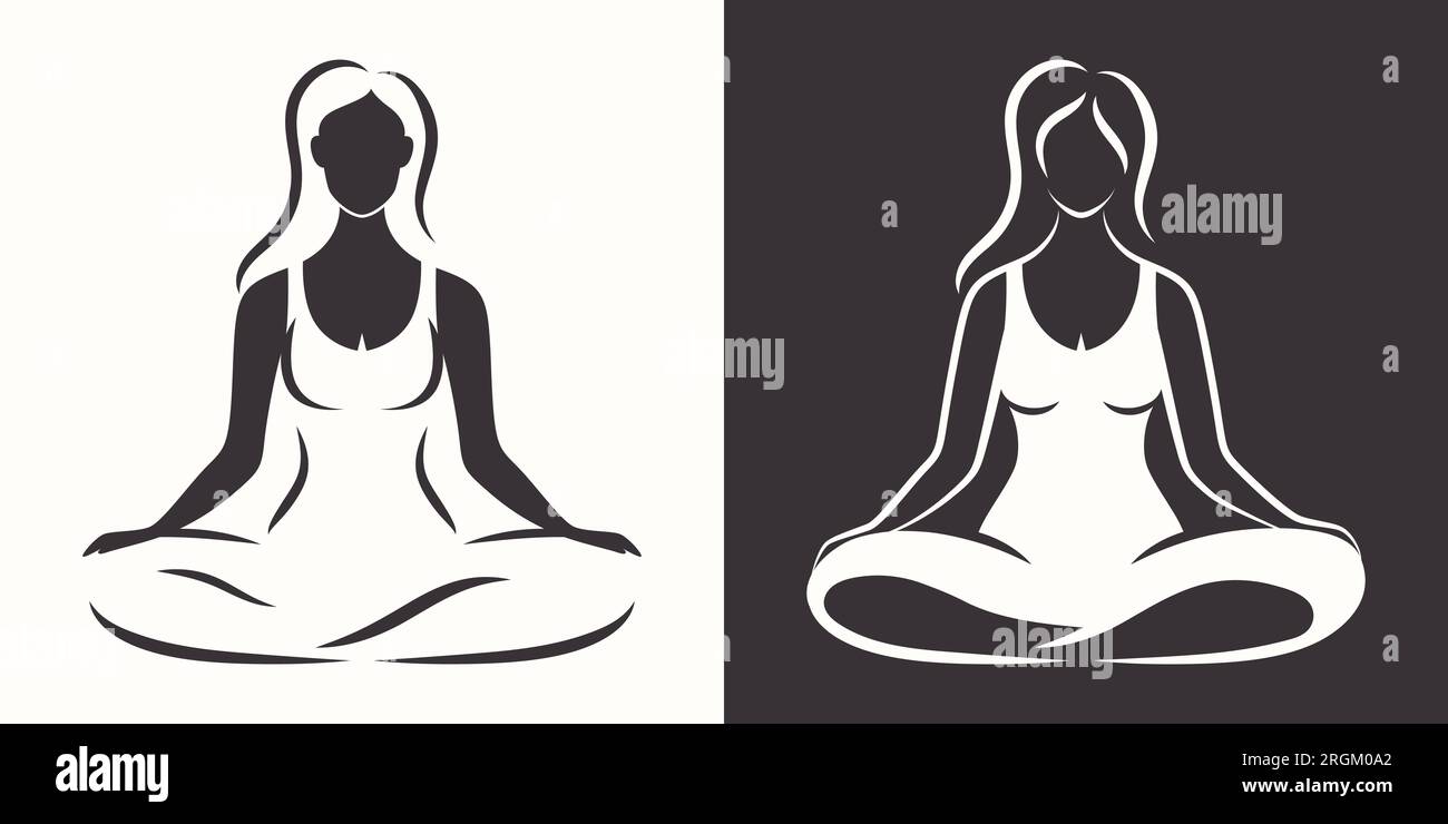 Silhouette Vector Illustration Noir et blanc d'une fille faisant du yoga dans la pose de Lotus. Modèle de conception pour Fitness Club logo, étiquette, badge de la société. Découpe Illustration de Vecteur
