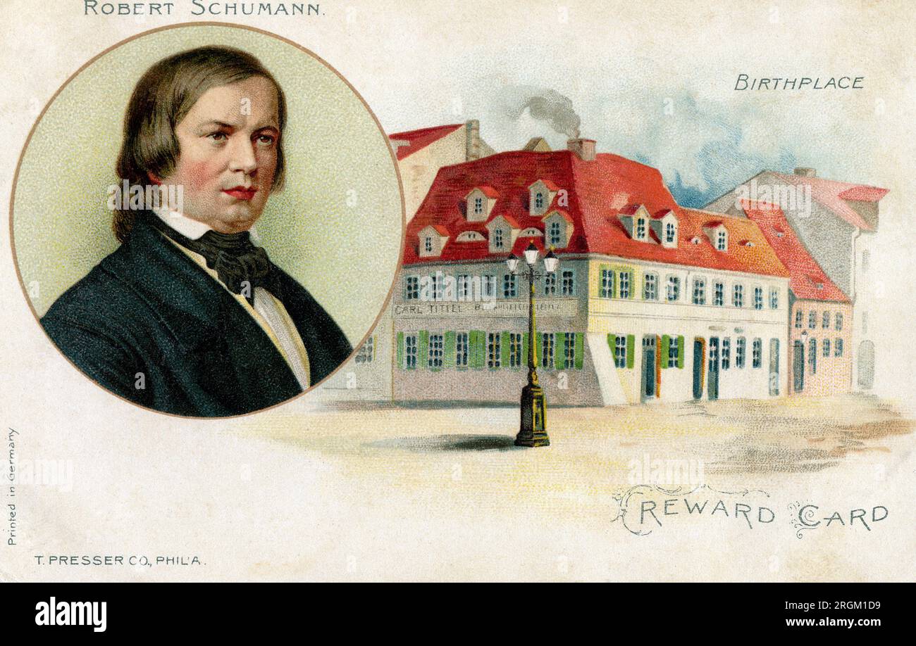 Robert Schumann (1810-1856), compositeur et pianiste allemand, portrait de la tête et des épaules, carte postale illustrée en couleur, artiste non identifié, T. presser Company, Philadelphie Banque D'Images