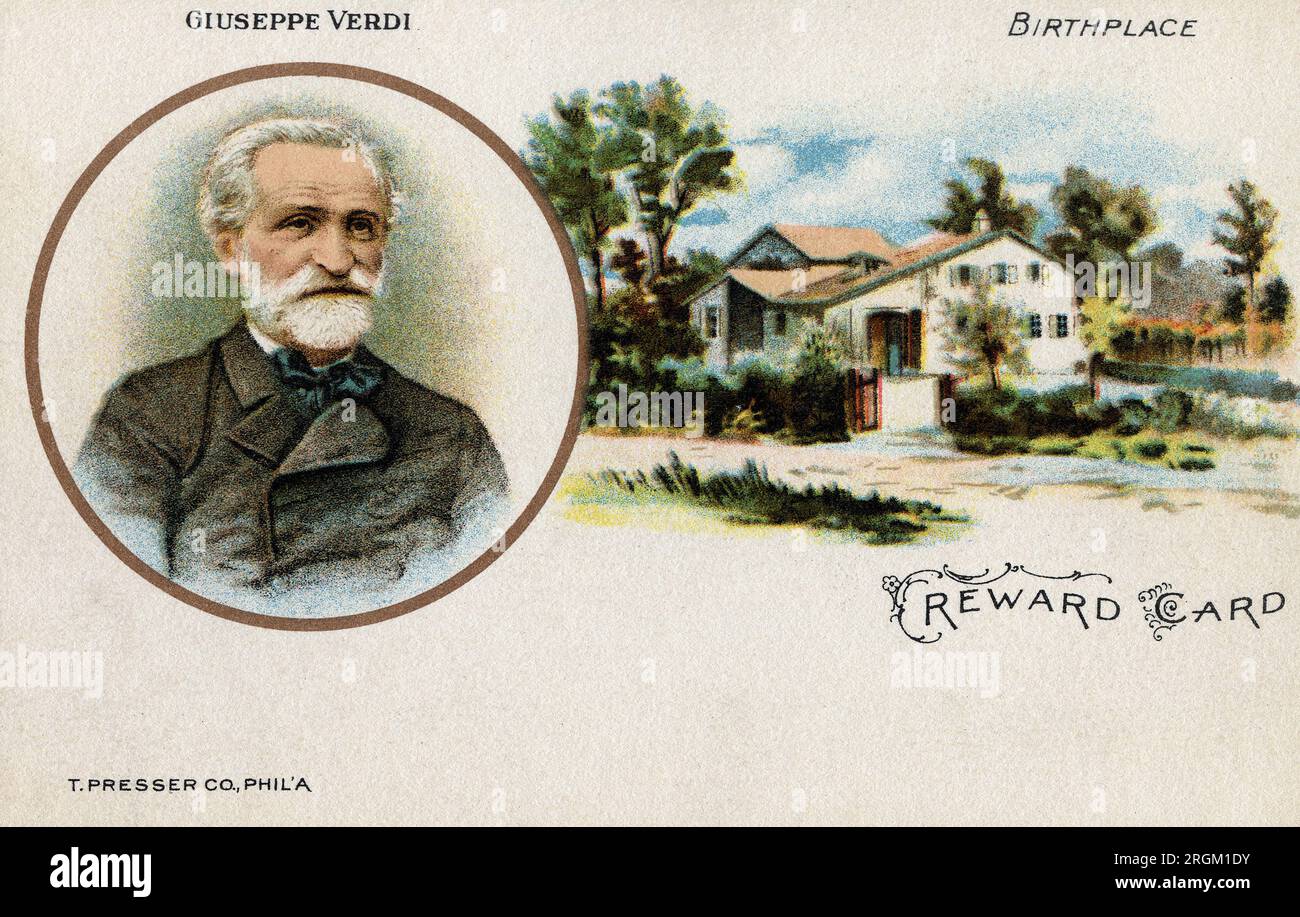 Giuseppe Verdi (1813-1901), compositeur italien d'opéra, portrait de tête et d'épaules, carte postale en couleur illustrée, artiste non identifié, T. presser Company, Philadelphie Banque D'Images