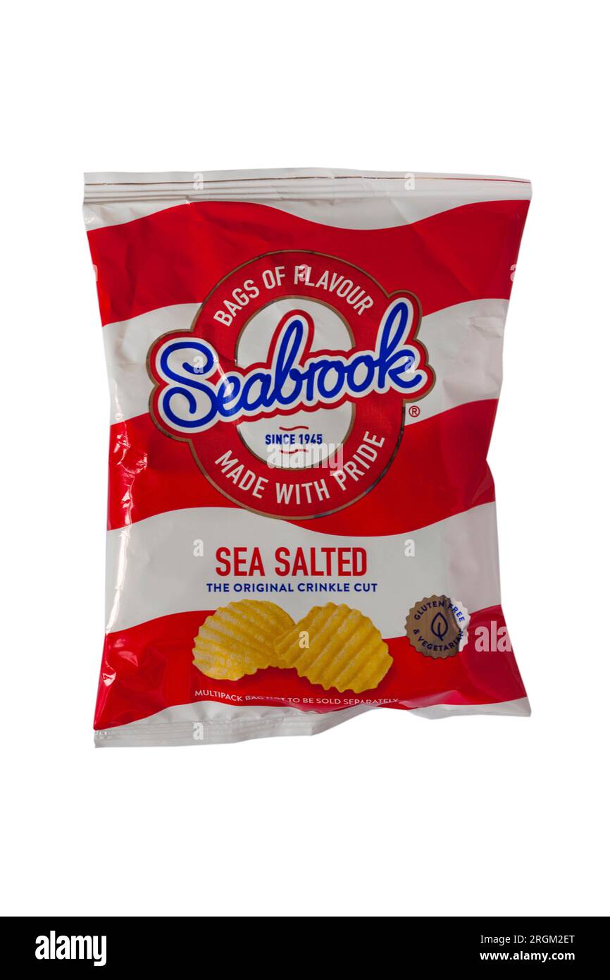 Seabrook Sea a salé les sacs originaux froissés coupés de saveur faits avec fierté depuis 1945 isolés sur fond blanc Banque D'Images