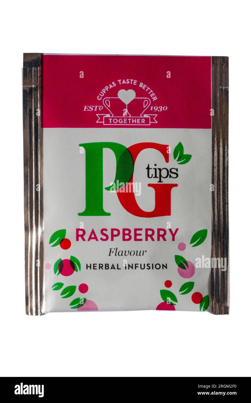 PG Tips saveur framboise sachet de thé infusion à base de plantes teabag isolé sur fond blanc Banque D'Images