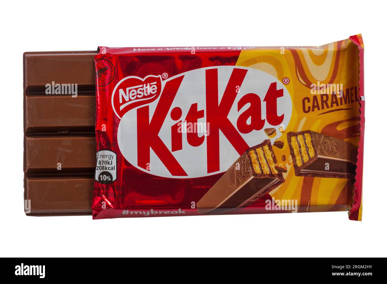 Nestle caramel KitKat a ouvert pour montrer le contenu isolé sur fond blanc - Kit Kat kitkats kit kats Banque D'Images