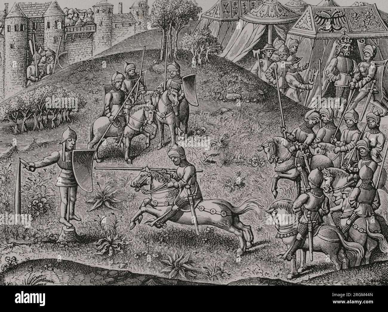 Exercice du quintain. Formation de chevalerie médiévale. Un mannequin, monté sur un pivot rotatif avec un bouclier, a été utilisé par les cavaliers montés pour simuler des situations de combat réelles. Gravure du 19e siècle par Huyot d'après une miniature des 'chroniques de Charlemagne', milieu du 15e siècle. « Vie militaire et religieuse au Moyen Age et à l'époque de la Renaissance ». Paris, 1877. Banque D'Images