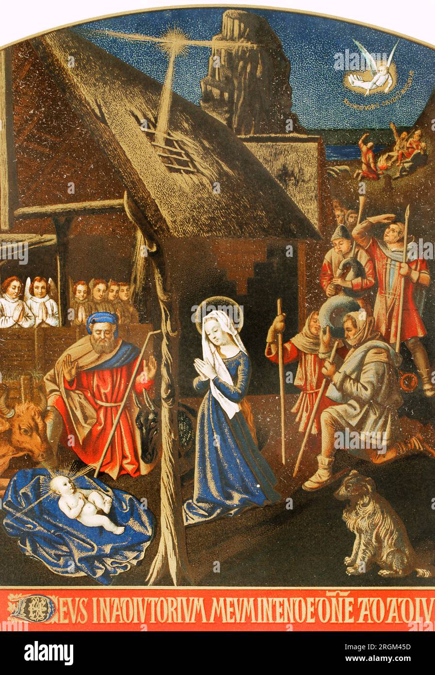 L'adoration des bergers. La Vierge avec Saint Joseph et l'enfant Jésus. Chromolithographie d'après une miniature de Jean Fouquet (vers 1420-1480) tirée du Livre d'heures d'Etienne Chavalier. « Vie militaire et Religiese au Moyen Age et à l'époque de la Renaissance ». Paris, 1877. Banque D'Images