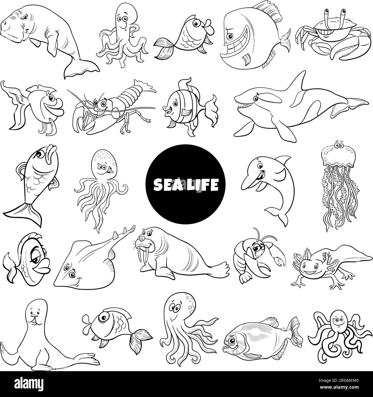 Illustration de dessin animé de personnages d'animaux marins grand ensemble coloriage page Illustration de Vecteur