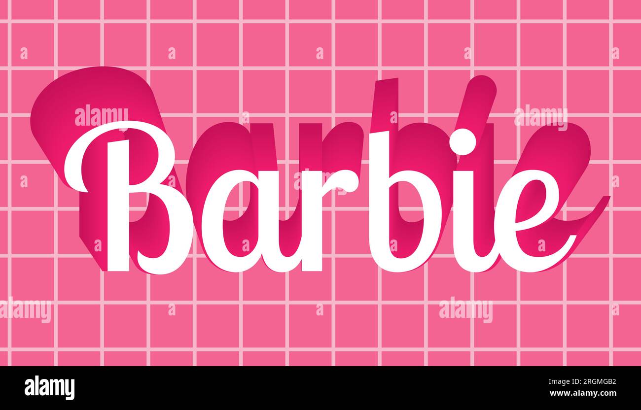 Août 2023. Poupée Barbie. Inscription Barbie sur fond rose avec grille. Éditorial. Vecteur Illustration de Vecteur