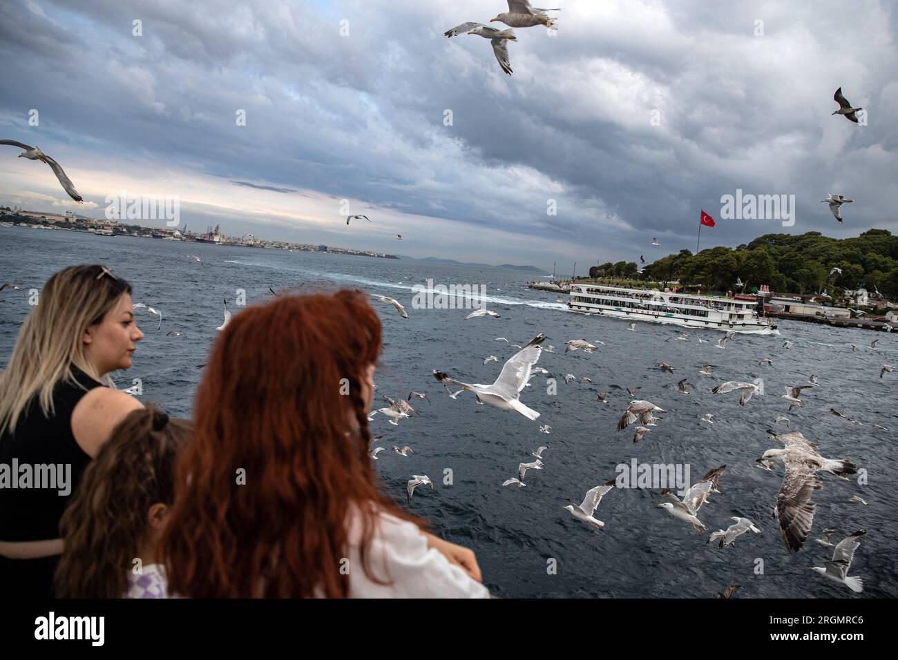 Une famille regarde les mouettes voler alors que sur le ferry de lignes de la ville à Istanbul. Banque D'Images