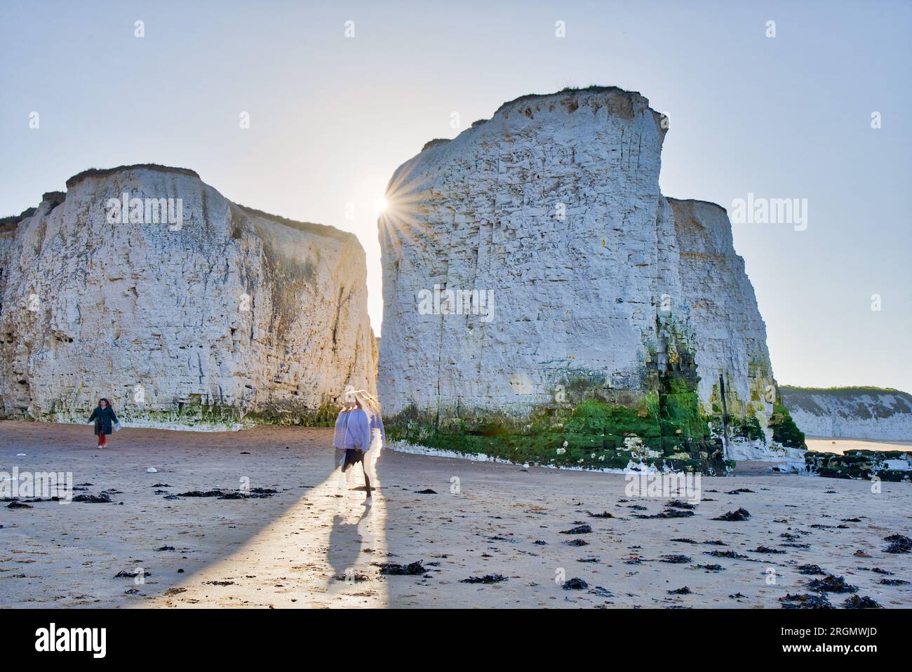 Les gens marchent sur la plage de sable près tandis que Chalk falaise brille dans le soleil de l'après-midi dans Kent Coast Botany Bay Angleterre Royaume-Uni Banque D'Images