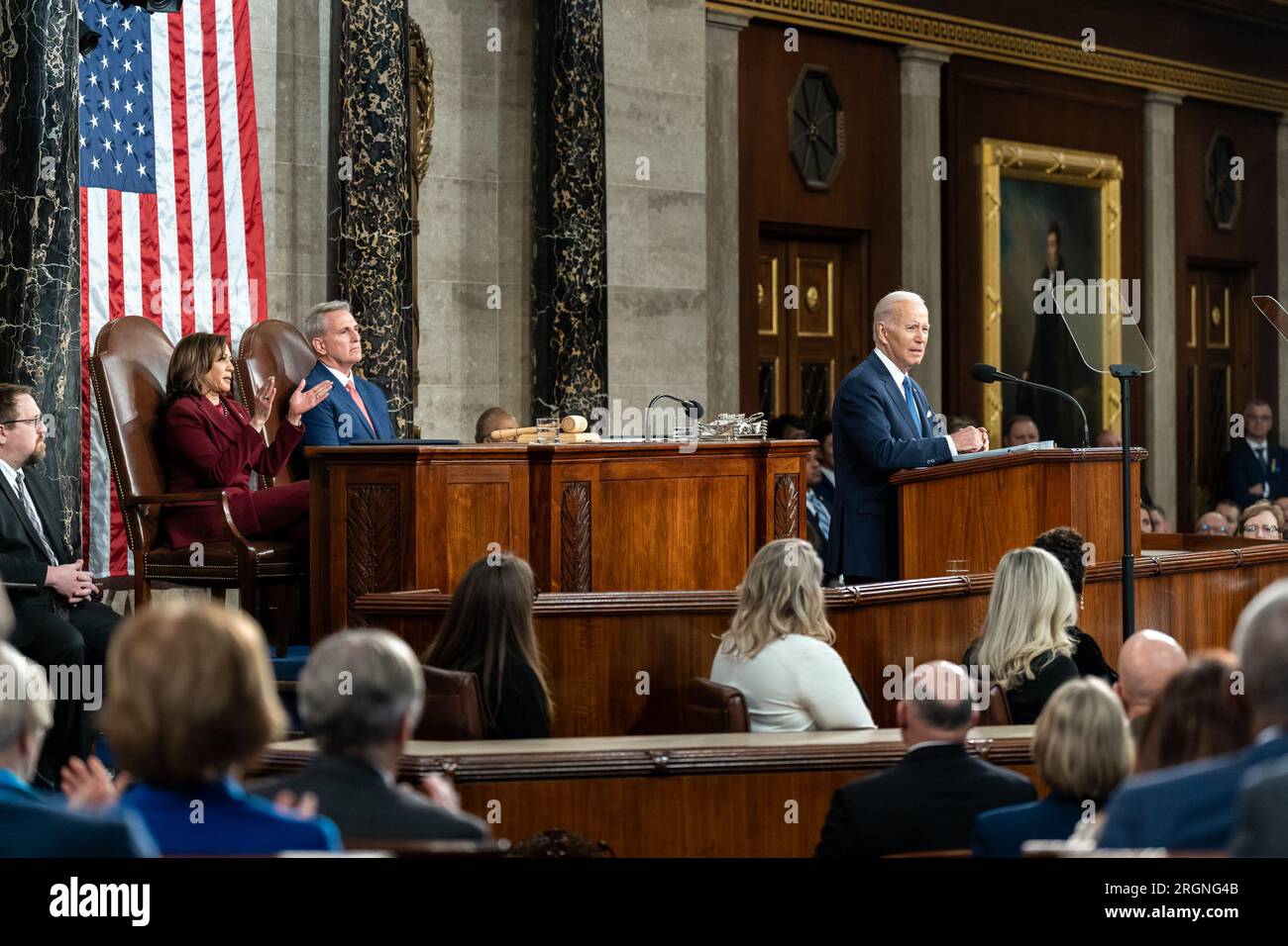 Reportage : Discours sur l'état de l'Union du Président Biden en 2023 - le Président Joe Biden prononce son discours sur l'état de l'Union, le mardi 7 février 2023, à la Chambre des communes du Capitole des États-Unis Banque D'Images