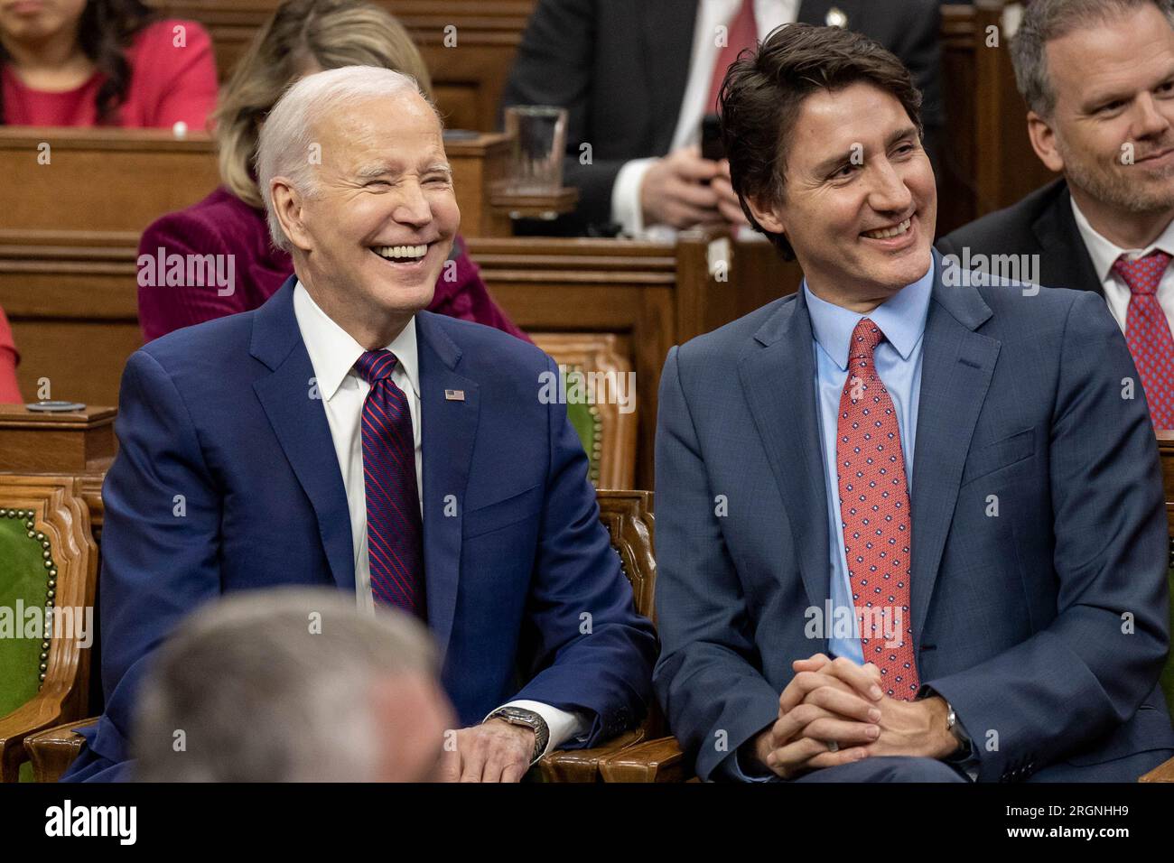 Reportage : visite du président Biden à Ottawa Canada (2023) - le président Joe Biden et le premier ministre canadien Justin Trudeau assistent à une séance conjointe du Parlement, le vendredi 24 mars 2023, sur la Colline du Parlement à Ottawa, Ontario, Canada. Banque D'Images