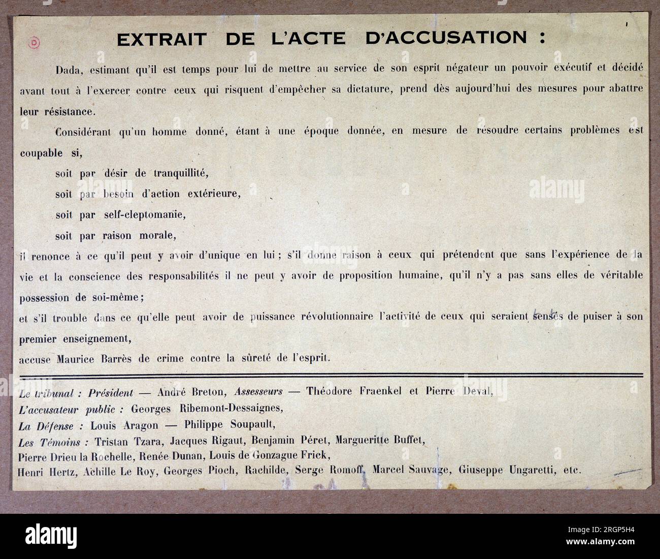 Extrait de l'Acte d'accusation pour la mise en accusation et jugement de Maurice barres par Dada, le vendredi 13/05/1921 a 20h 30 précise a la salle des sociétés savantes, 8, rue Danton. Bibliothéque Jacques Doucet Banque D'Images