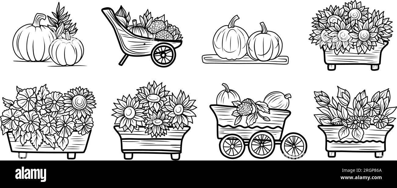 COLLECTION DE COLORIAGE POUR ENFANTS. Composition avec des tournesols dans une brouette, livre de coloriage sur le thème de l'automne, impression de t-shirt de Thanksgiving Illustration de Vecteur