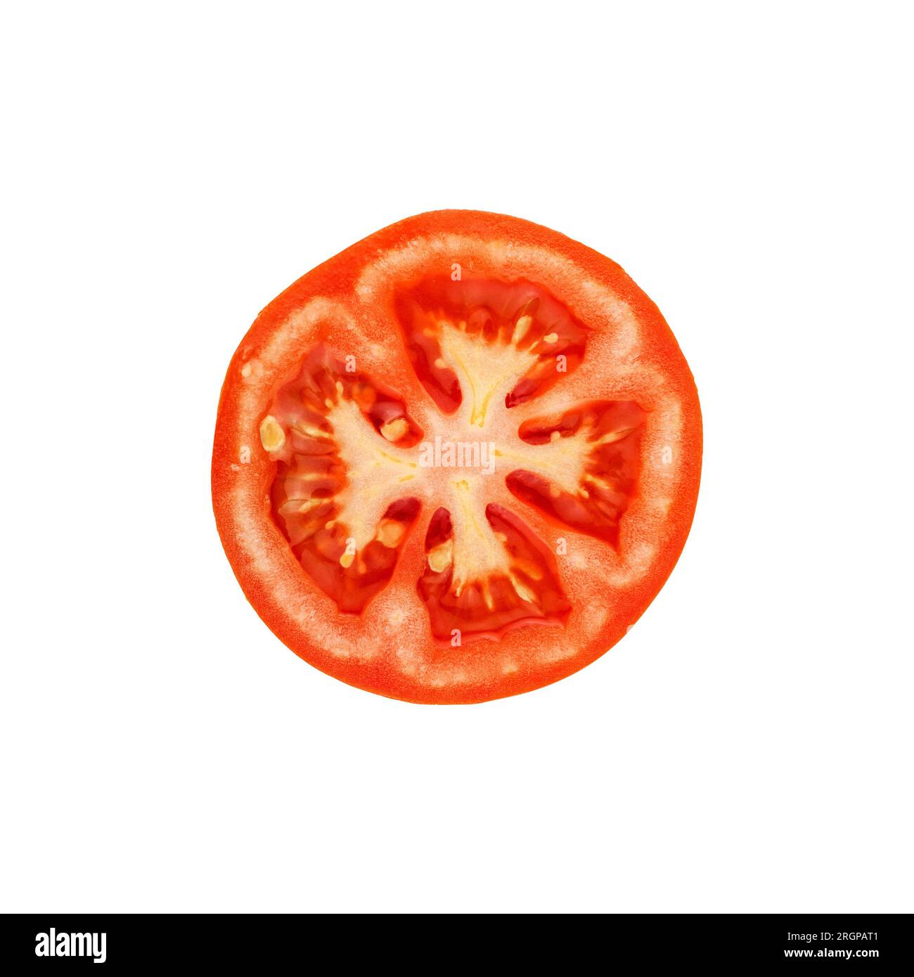 Tranche de tomate, tomate mûre rouge isolée sur fond blanc Banque D'Images
