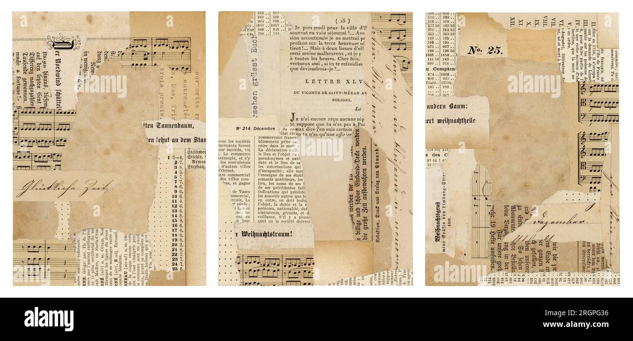 Fonds de carte de collage de papier de Noël avec des vacances typographiques, décembre et références de sapin, notes de partition, écriture manuscrite antique Banque D'Images