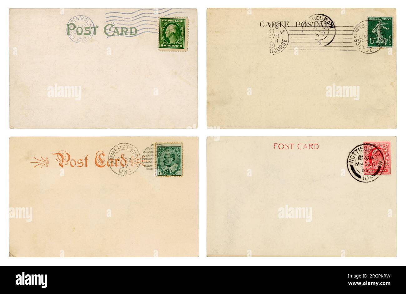 Verso de cartes postales anciennes de courir des États-Unis, de France, du Canada et d'Angleterre avec timbres et cachets postaux, des éléments de conception d'affranchissement / courrier Banque D'Images