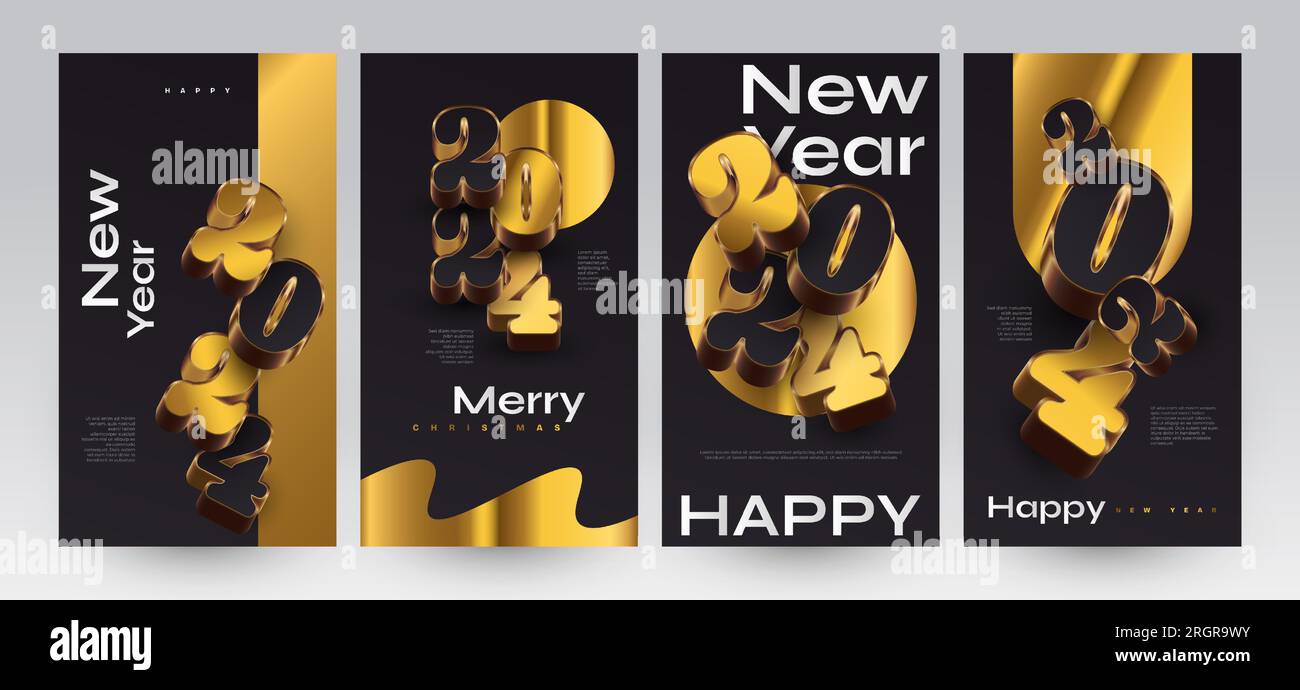 Élégant ensemble d'affiches Happy New Year 2024 avec numéros 3D. Approprié, pour carte, bannière, affiche, Flyer, couverture et modèle de publication sur les réseaux sociaux Illustration de Vecteur
