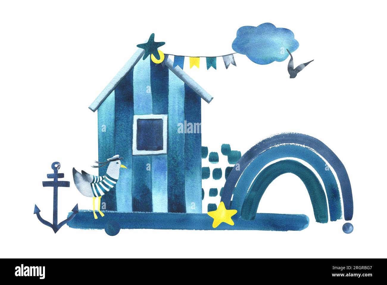 Cabine de mer de plage avec une mouette dans un gilet, un arc-en-ciel, une ancre, un nuage et des drapeaux en bleu et jaune. Illustration aquarelle dessinée à la main dans les enfants Banque D'Images