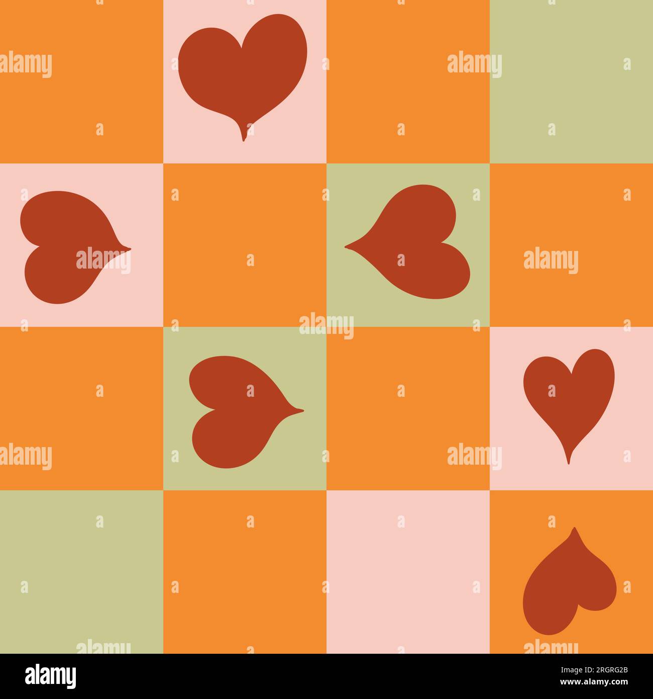 Motif carreaux à carreaux sans couture dessiné à la main avec motif coeurs rouges Saint Valentin. Orange vert rose coloré abstrait carrés d'échiquier géométrique design pour papier d'emballage textile blanker Banque D'Images