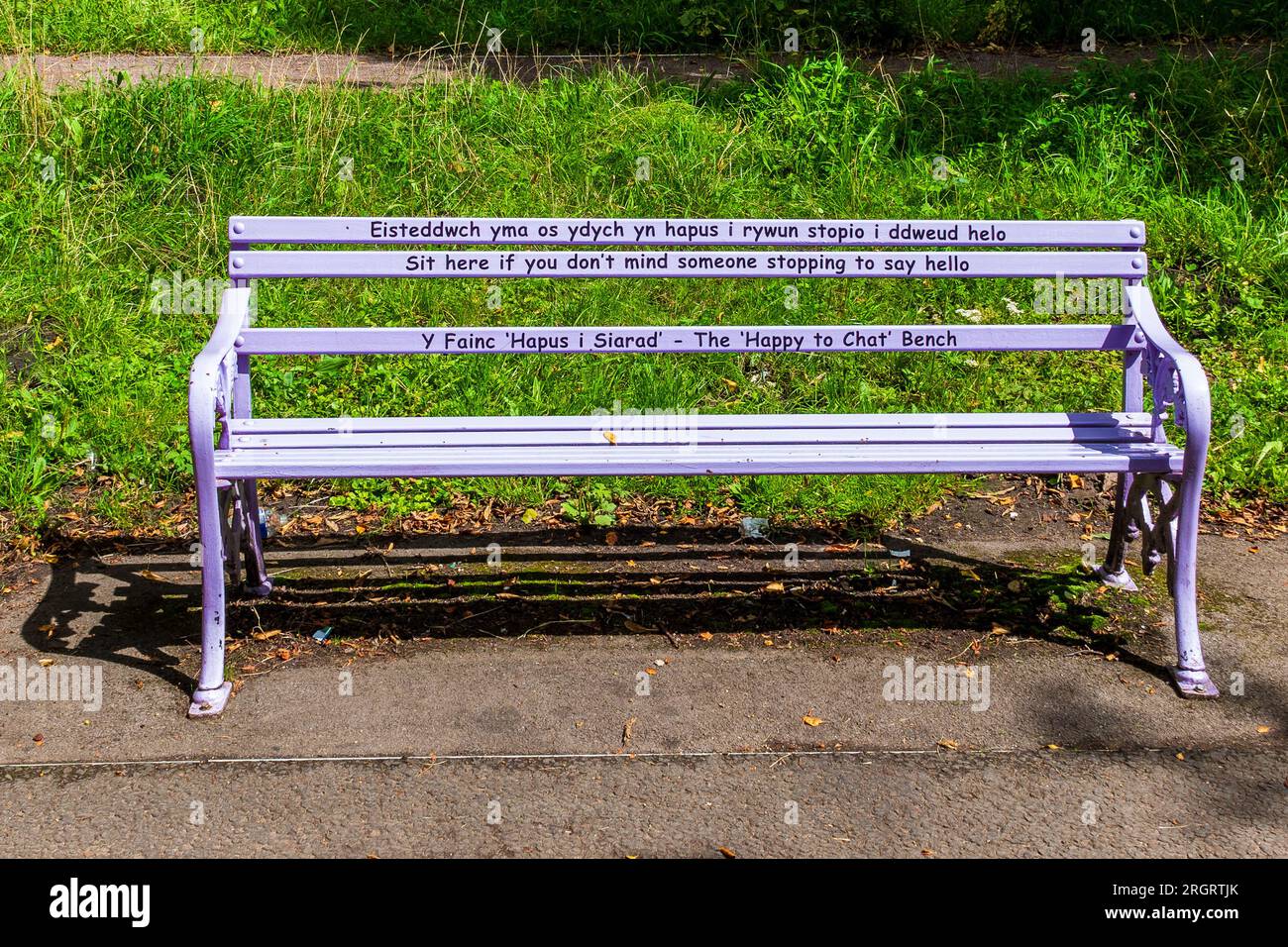 Rose heureux de discuter banc dans un Cardiff Park. Le message est «heureux de s'arrêter et de dire bonjour» en anglais et en gallois. Concept santé mentale, bien-être. Banque D'Images