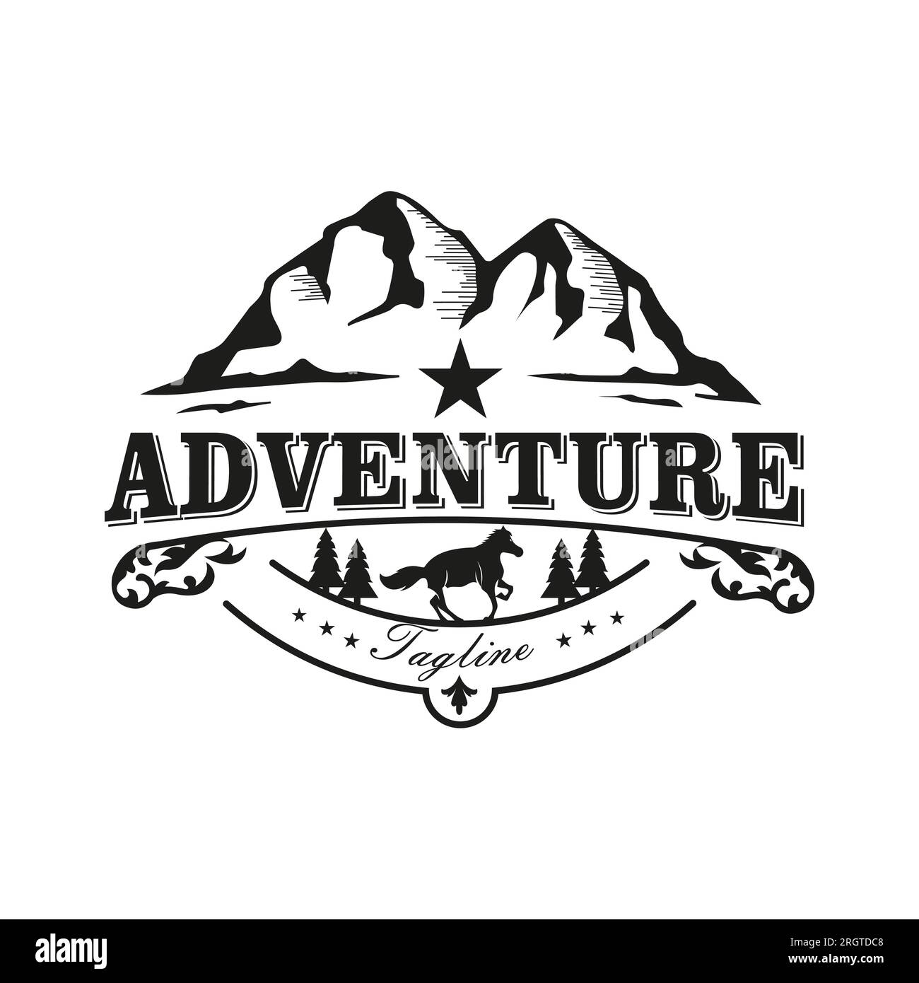 Modèle d'emblème d'étoile de montagne avec silhouette équestre. Écusson de rodéo vintage Wild West. Illustration vectorielle. Illustration de Vecteur