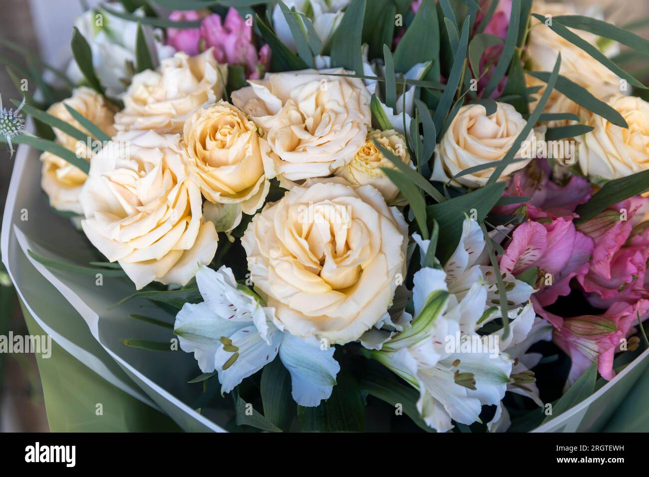 Lys des Incas, gros plan d'eustoma dans un bouquet d'anniversaire Banque D'Images