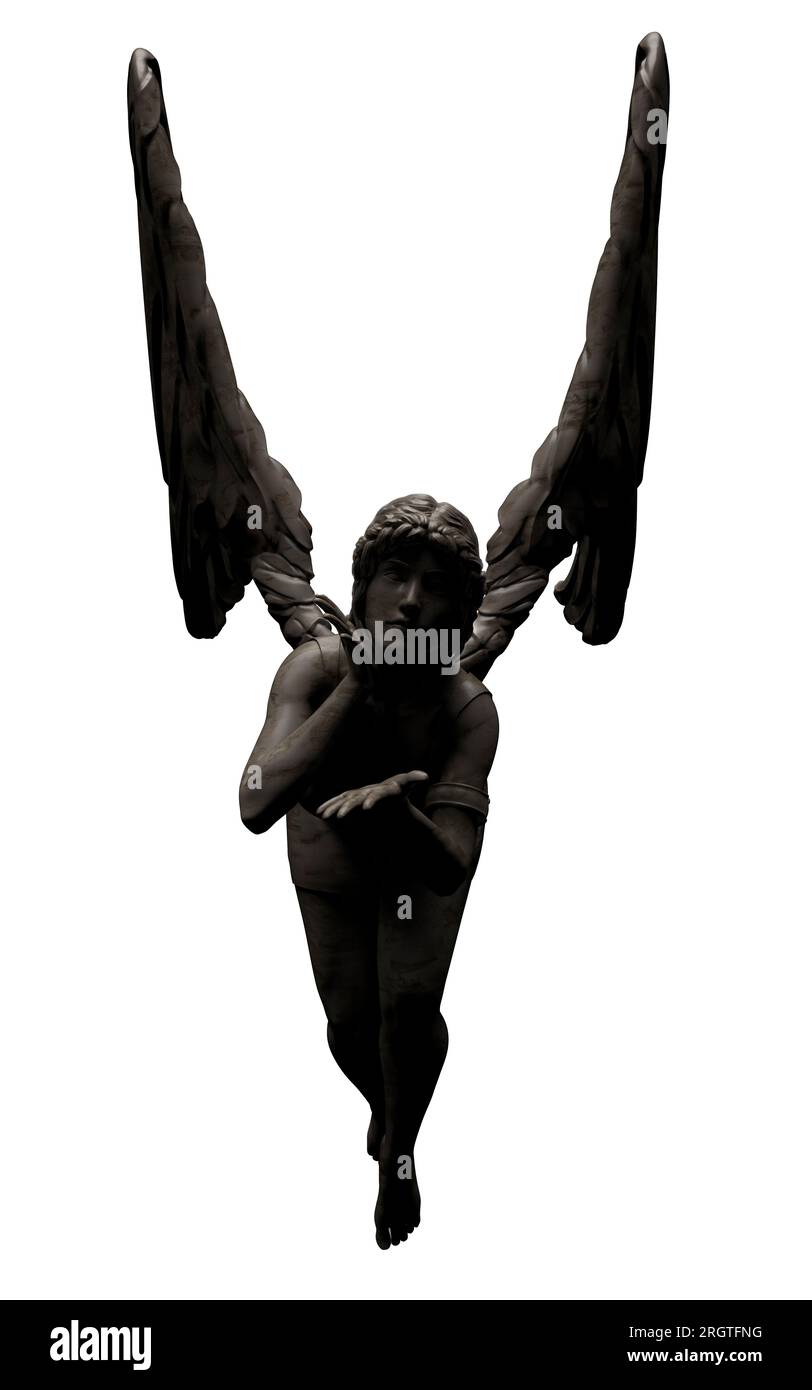 Illustration isolée de rendu 3d de statue d'ange femelle en marbre noir, pose penchée, vue de face. Banque D'Images Illustration isolée de rendu 3d de statue d'ange femelle en marbre noir, pose penchée, vue de face. Banque D'Images