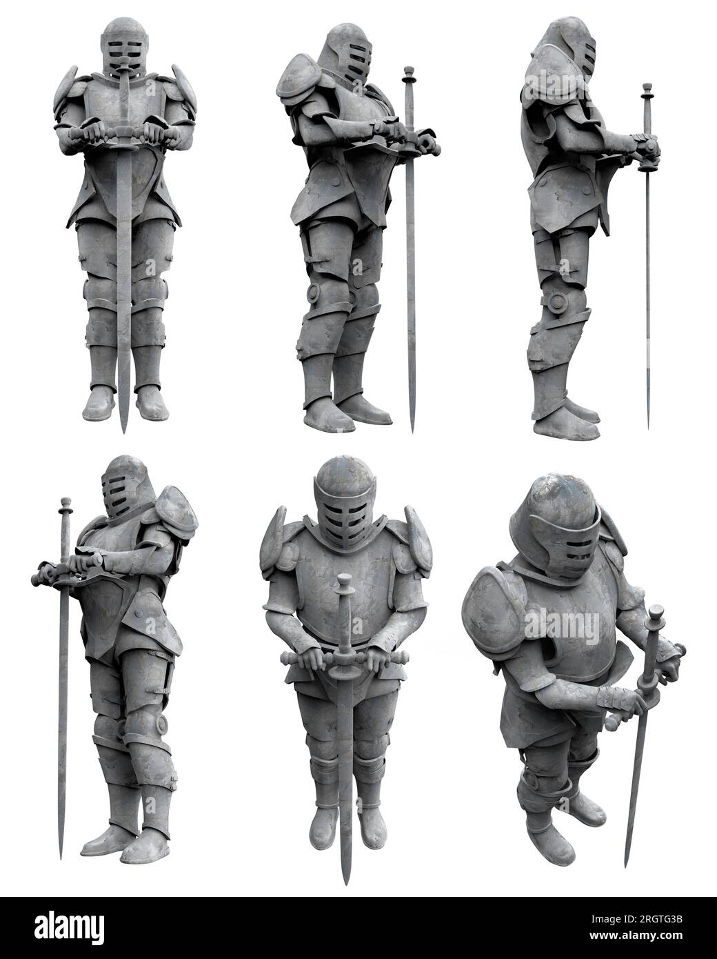 Illustration isolée de rendu 3d de la sentinelle en pierre ou gardien médiévale statue de chevalier blindé avec épée dans divers angles. Banque D'Images Illustration isolée de rendu 3d de la sentinelle en pierre ou gardien médiévale statue de chevalier blindé avec épée dans divers angles. Banque D'Images