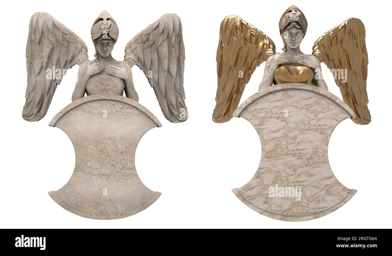 Illustration isolée de rendu 3d de pierre antique et statue de guerrier d'ange féminin d'or appuyé sur le bouclier, divers angles. Banque D'Images Illustration isolée de rendu 3d de pierre antique et statue de guerrier d'ange féminin d'or appuyé sur le bouclier, divers angles. Banque D'Images