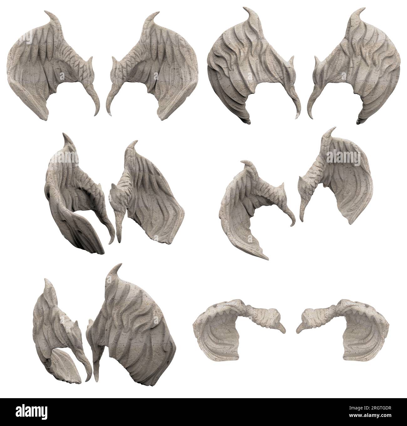 Illustration de rendu 3d isolé d'ailes d'ange de statue de pierre ou de démon, dans divers angles. Banque D'Images