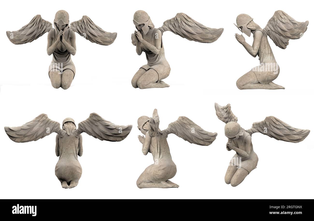 Illustration isolée de rendu 3d de la statue antique d'ange guerrier en pierre dans la pose de prière, divers angles. Banque D'Images Illustration isolée de rendu 3d de la statue antique d'ange guerrier en pierre dans la pose de prière, divers angles. Banque D'Images