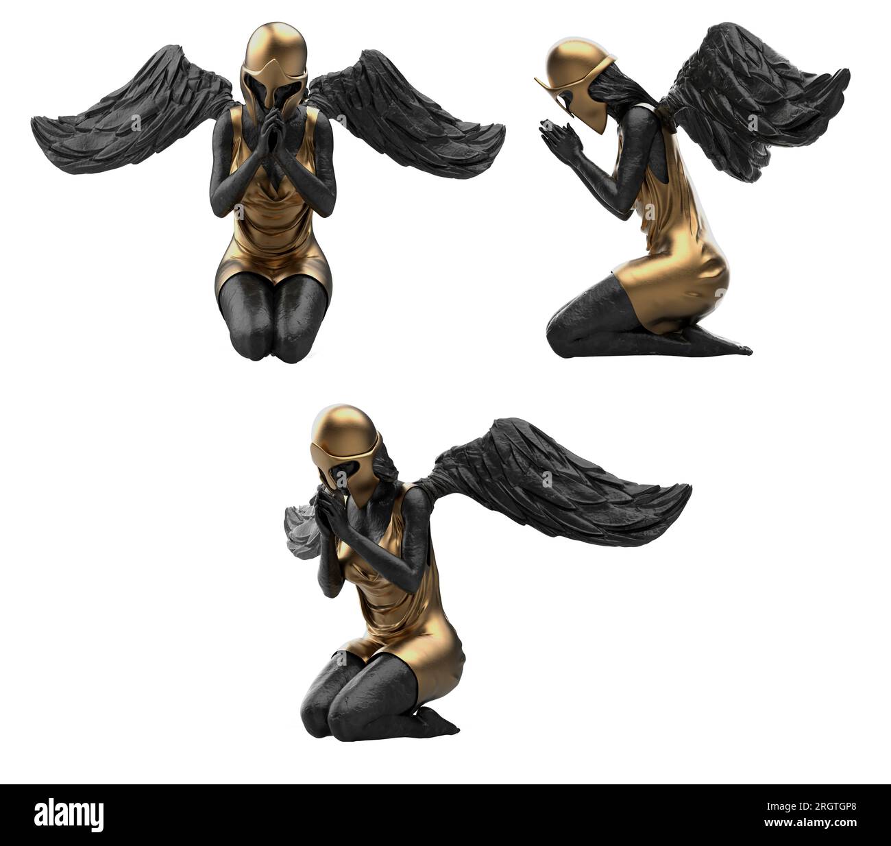 Illustration isolée de rendu 3d de marbre noir et statue d'ange guerrier doré dans la pose de prière de casque, divers angles. Banque D'Images Illustration isolée de rendu 3d de marbre noir et statue d'ange guerrier doré dans la pose de prière de casque, divers angles. Banque D'Images