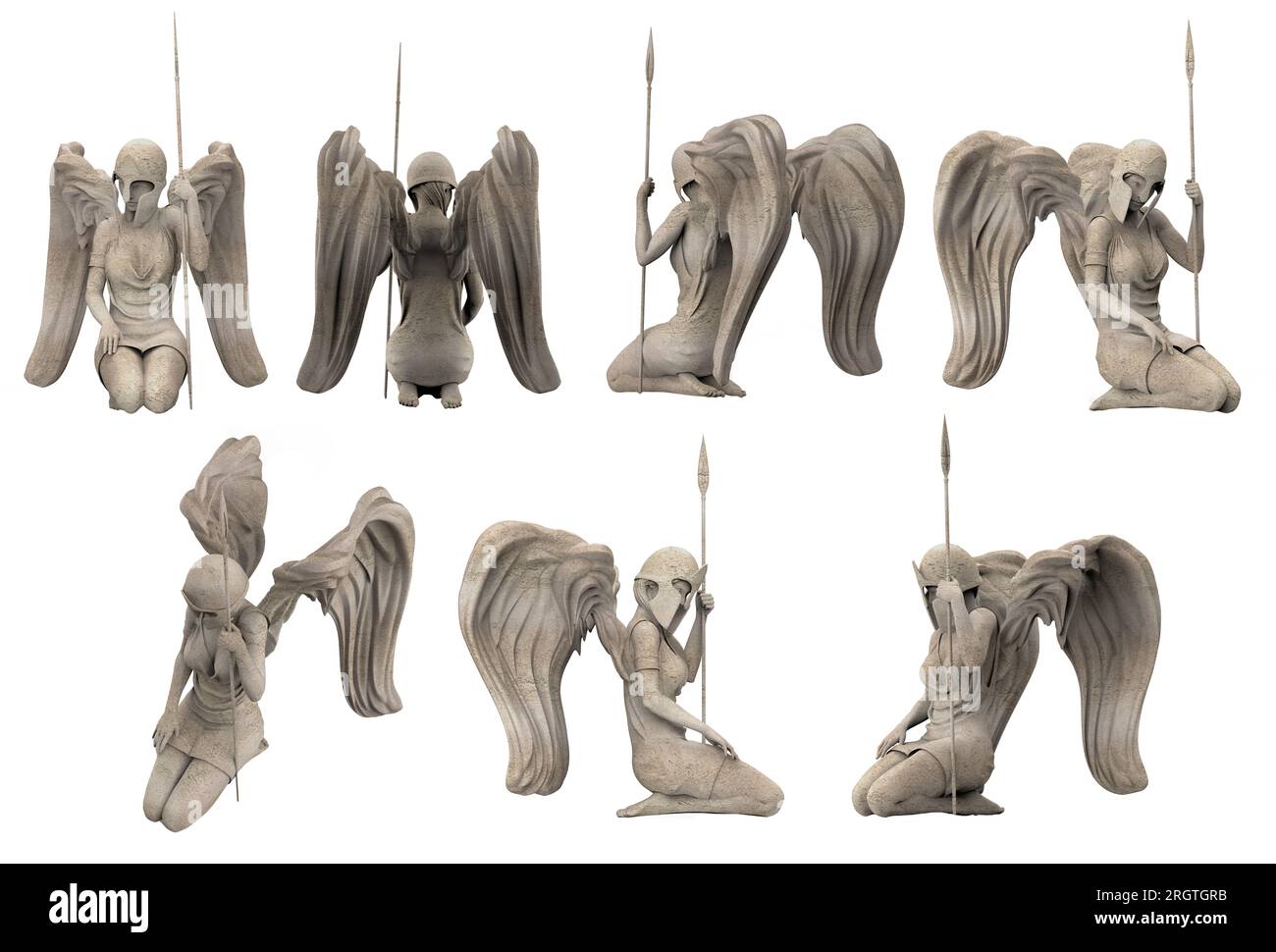 Illustration isolée de rendu 3d de l'antique statue de guerrier d'ange de pierre antique assis et tenant la lance, divers angles. Banque D'Images Illustration isolée de rendu 3d de l'antique statue de guerrier d'ange de pierre antique assis et tenant la lance, divers angles. Banque D'Images