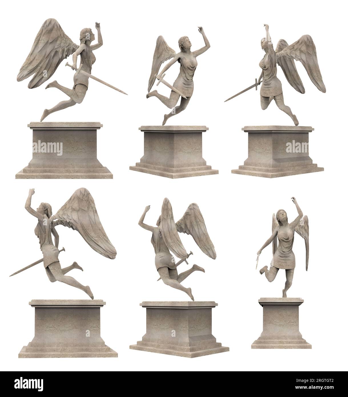 Illustration isolée de rendu 3d d'antique statue de guerrier d'ange volant en pierre antique sur le piédestal tenant l'épée, divers angles. Banque D'Images Illustration isolée de rendu 3d d'antique statue de guerrier d'ange volant en pierre antique sur le piédestal tenant l'épée, divers angles. Banque D'Images